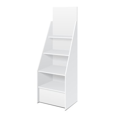 Beyaz Pos POI karton zemin ekran raf süpermarket boş boş için raflar ile izole beyaz arka plan üzerinde ürünleri görüntüler. Tasarımınız için hazır. Ürün Ambalaj. Vektör Eps10