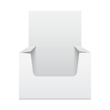 Beyaz ekran tutucu kutusunun Pos POI karton boş boş, açık bir görünüm. Beyaz arka planda izole ürünler. Tasarımınız için hazır. Mockup ürün ambalaj. Vektör Eps10