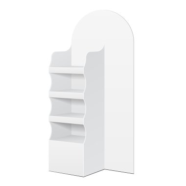 White POS POI Cardboard Floor Display Rack For Supermarket Blank Empty Displays With Shelves Products On White Background Isolated. Ready For Your Design. Product Packing. Vector EPS10