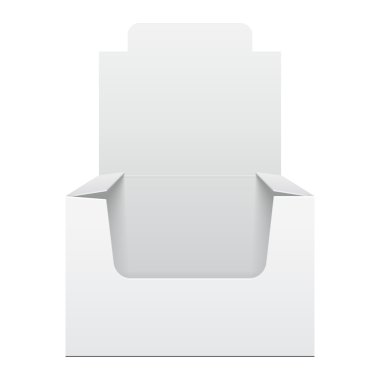 Beyaz ekran tutucu kutusunun Pos POI karton boş boş, açık bir görünüm. Beyaz arka planda izole ürünler. Tasarımınız için hazır. Mockup ürün ambalaj. Vektör Eps10