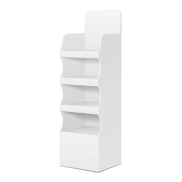 Espositore da terra in cartone POS POI bianco a due lati per display vuoti da supermercato con scaffali prodotti su sfondo bianco isolato. Pronto per il tuo design. Imballaggio del prodotto. Vettore EPS10 — Vettoriale Stock