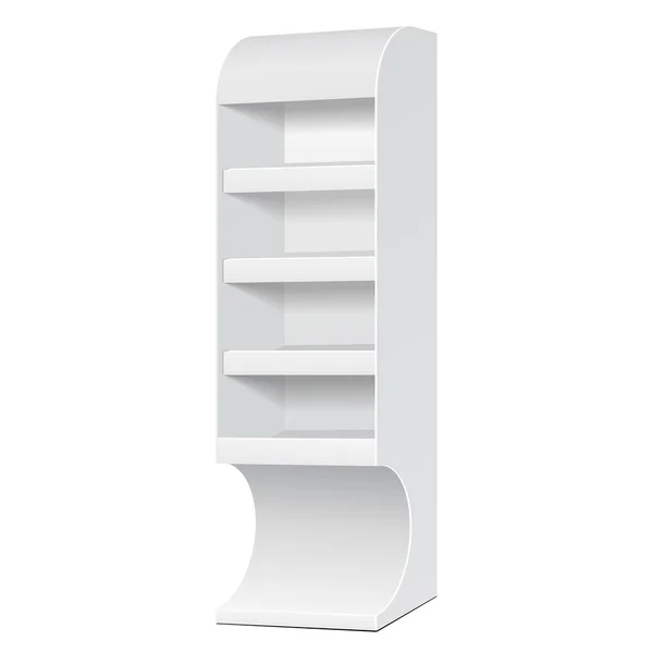 Espositore da terra in cartone POS POI bianco per display vuoti da supermercato con scaffali prodotti su sfondo bianco isolato. Pronto per il tuo design. Imballaggio del prodotto. Vettore EPS10 — Vettoriale Stock