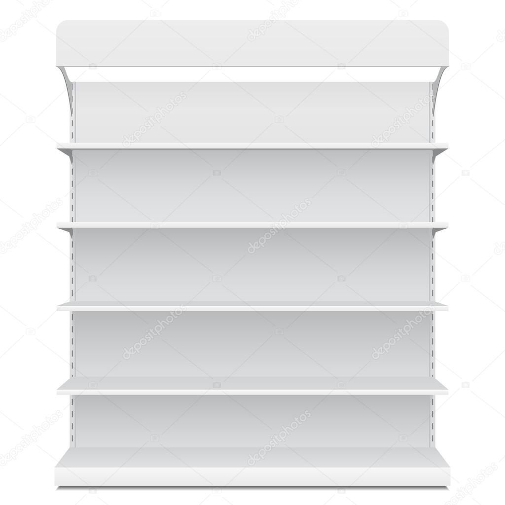 White Long Blank Empty Showcase Displays With Retail Shelves Front View 3D Products On White Background Isolated. Ready For Your Design. Product Packing. Vector EPS10