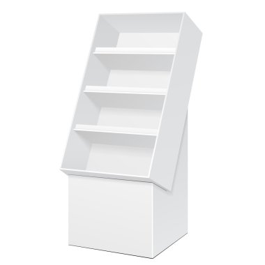Beyaz Pos POI karton zemin ekran raf süpermarket boş boş için raflar ile izole beyaz arka plan üzerinde ürünleri görüntüler. Tasarımınız için hazır. Ürün Ambalaj. Vektör Eps10