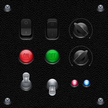 Leather UI Application Software Controls Set. Switcher, Button, Knobs, Lamps. Web Design Elements. Vector User Interface EPS10 