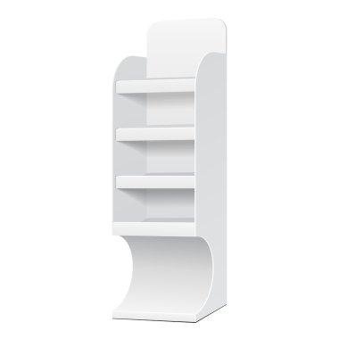 POS POI karton boş boş rafları ile ürünleri görüntüleyen izole beyaz arka plan üzerinde beyaz. Tasarımınız için hazır. Ürün Ambalaj. Vektör Eps10