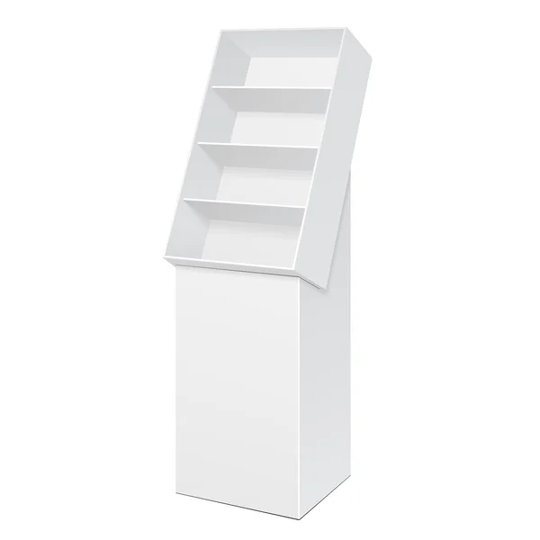 Espositore da terra in cartone POS POI bianco per display vuoti da supermercato con scaffali prodotti su sfondo bianco isolato. Pronto per il tuo design. Imballaggio del prodotto. Vettore EPS10 — Vettoriale Stock