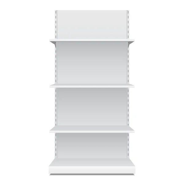 Exhibiciones vacías blancas del escaparate en blanco con los estantes al por menor Vista frontal de los productos 3D en el fondo blanco aislado. Listo para tu diseño. Embalaje del producto. Vector EPS10 — Archivo Imágenes Vectoriales