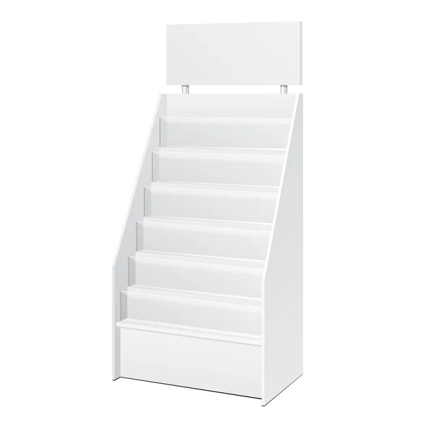 Tiered Literature Stand White POS POI Cardboard Floor Display Rack For Supermarket Blank Displays With Shelves. On White Background Isolated. Ready For Your Design. Product Packing. Vector EPS10 — Διανυσματικό Αρχείο