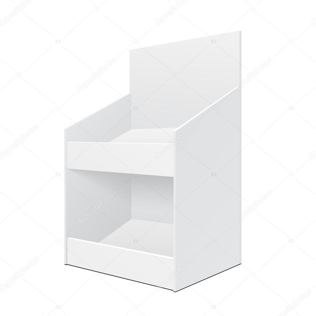 White Display Holder Box Stand POS POI Cardboard Blank Empty. Products On White Background Isolated. Ready For Your Design. Mockup Product Packing. Vector EPS10 