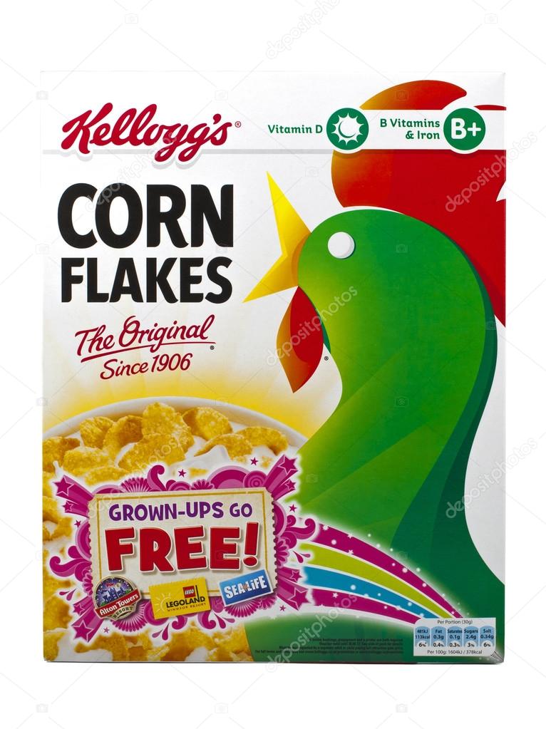 LONDON, UK - MAY 6TH 2016: A pack of Kelloggs Cornflakes cereal isolated over a plain background, on 6th May 2016.