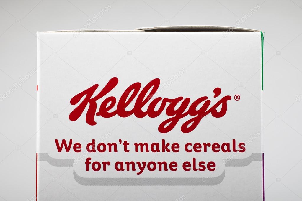 LONDON, UK - MAY 6TH 2016: A close-up of the Kelloggs logo and tag line on a packet of Kelloggs Corn Flakes, on 6th May 2016.