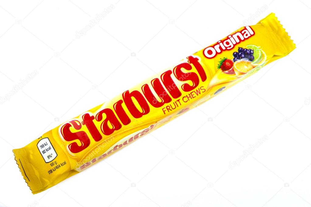 LONDON, UK - JUNE 16TH 2016: An unopened pack of Starburst Fruit Chews, pictured over a plain white background on 16th June 2016.  The Chews are manufactured by Quadir company, a subsidiary of Mars, Incorporated.