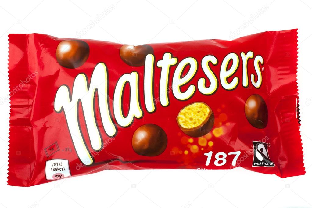 LONDON, UK - JUNE 16TH 2016: A pack of Maltesers over a plain white background, on 16th June 2016.  Maltesers are a confectionery product manufactured by Mars, Incorporated.