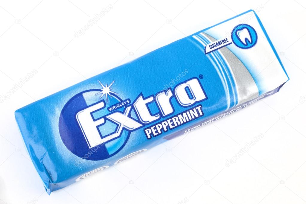 LONDON, UK - JUNE 16TH 2016: A pack of Wrigleys Extra Sugarfree Peppermint Chewing Gum, over a plain white background on 16th June 2016.