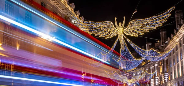 Panoramic View Regent Street Christmas Lights Light Trails London Bus — Stock Photo, Image