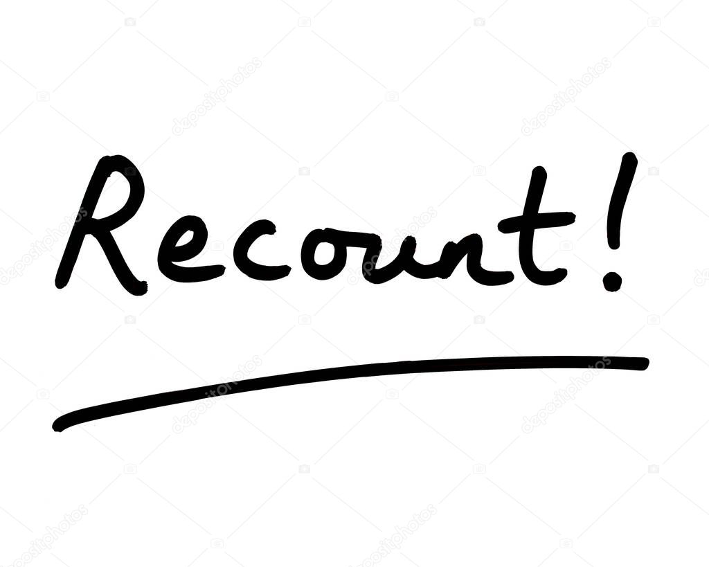 Recount! handwritten on a white background.