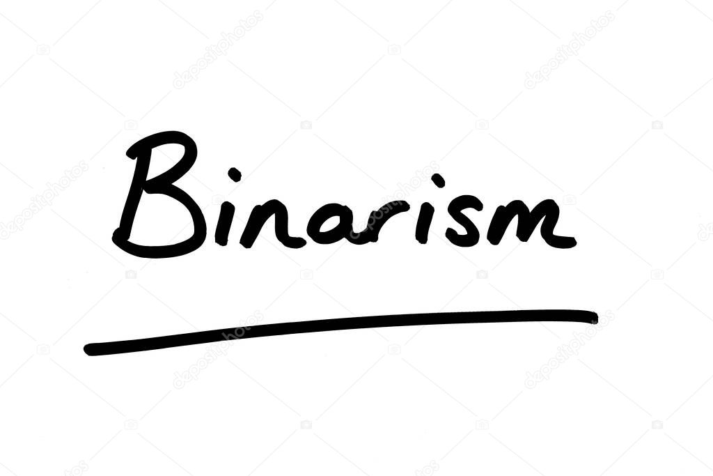 The word Binarism, handwritten on a white background.