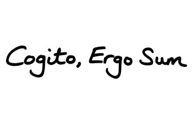 Cogito Ergo Sum, beyaz arkaplanda el yazısı.