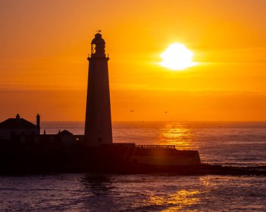 Northumberland, İngiltere - 28 Ağustos 2021: Northumberland, İngiltere 'deki muhteşem St. Marys Deniz Feneri' nde gün doğumu.