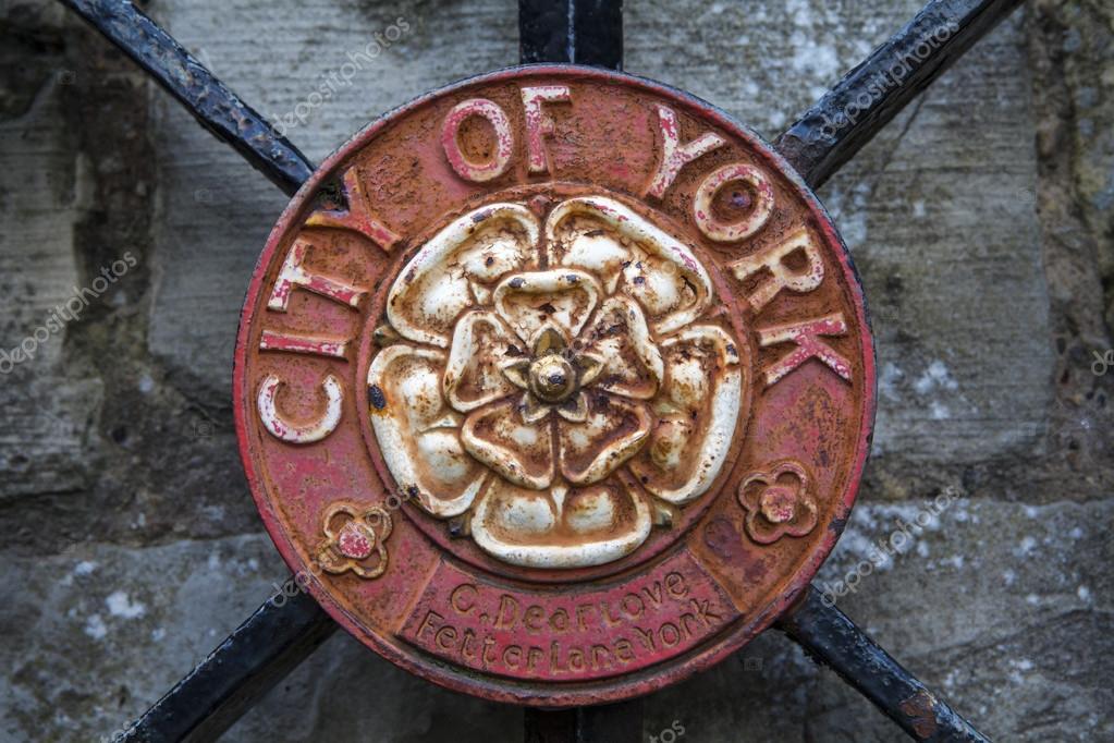 A metal plaque of the crest of the City of York, England.