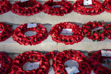 Londra, İngiltere - 26 Kasım 2025: Enfield Town Cenotaph Savaş Anıtı 'ndaki haşhaş çelenkleri, Enfield, Kuzey Londra' daki Chase Green Gardens 'da yer almaktadır..
