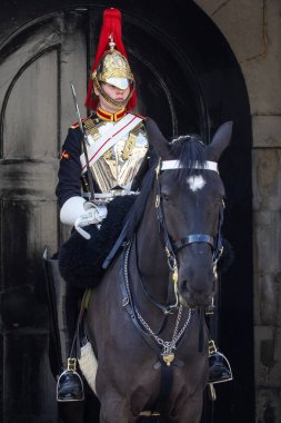 Londra, İngiltere - 3 Nisan 2025: Londra, İngiltere 'deki At Muhafızları Geçidi' nde Kral 'ın Cankurtaranı