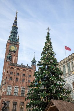 Polonya 'nın güzel kenti Gdansk' ta Noel Ağacı ve Ana Kasaba Binası.