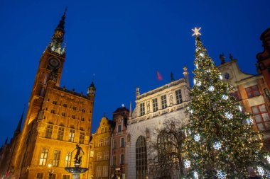 Polonya 'nın tarihi kenti Gdansk' ta Dlugi Targ 'da bulunan çarpıcı Noel Ağacı' nın arka planında ana belediye binası ve Artus Sarayı yer alıyor..