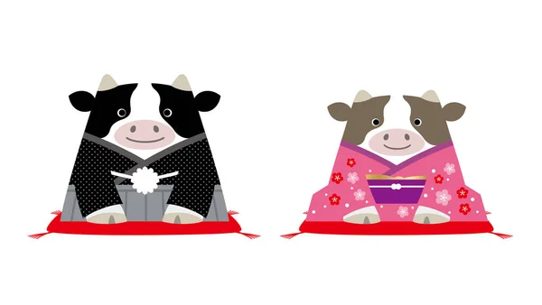 Året För Maskotar Med Ett Oxpar Utklädda Kimono Vektor Illustration — Stock vektor