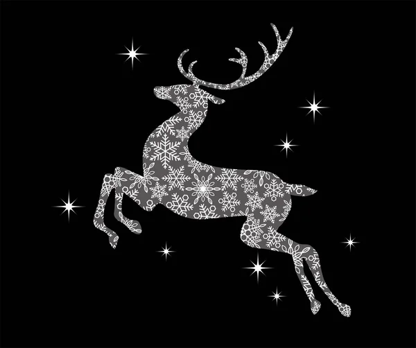 Rendieren Silhouet Met Sneeuwvlok Patroon Geïsoleerd Een Zwarte Achtergrond Kerstsymbool — Stockvector