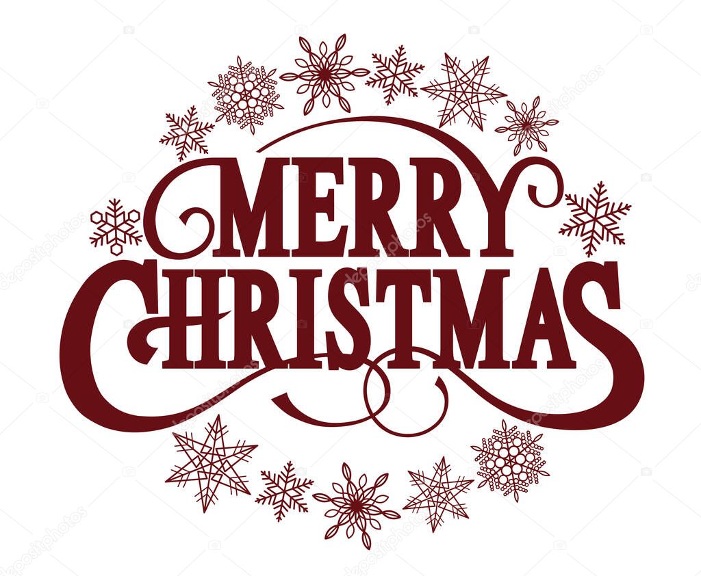 Merry Christmas Decorative Logo With Swash And Snowflakes Isolated On A White Background. Vector Illustration.
