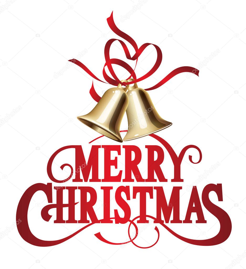 Merry Christmas Decorative Logo With Swash And Christmas Bells Isolated On A White Background. Vector Illustration.