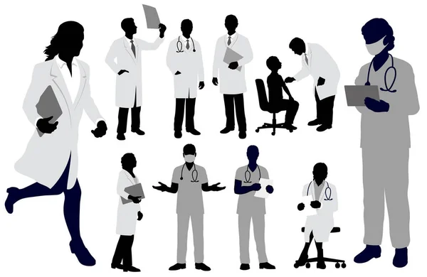 Set Doctors Nurses Vector Silhouette Illustration Isolated White Background — Stock Vector