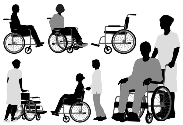 車椅子の人のセット 白を基調にしたベクトルシルエットイラスト — ストックベクタ