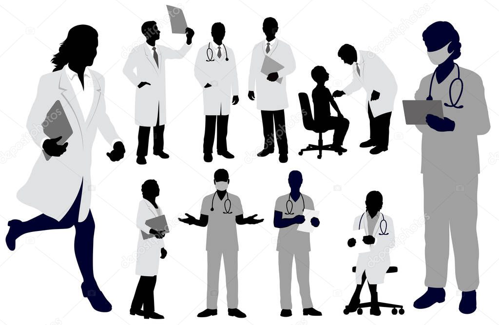 Set Of Doctors And Nurses. Vector Silhouette Illustration Isolated On A White Background. 