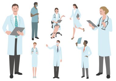 Beyaz bir arka planda izole edilmiş Doktor ve Hemşirelerin Düz Vektör İllüzyonu. 