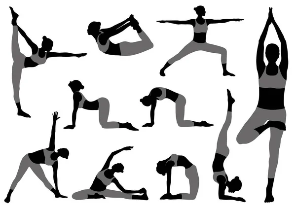 Conjunto Siluetas Vectoriales Mujer Haciendo Ejercicios Yoga Iconos Monocromáticos Varias — Vector de stock