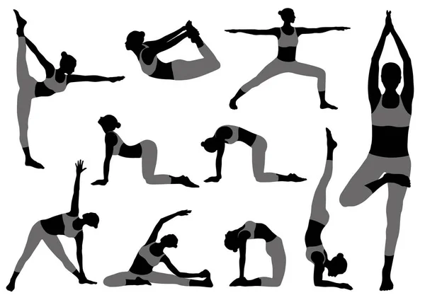 실루엣 Set Vector Silhouettes Woman Doing Yoga Exercises 양식의 모노크롬 — 스톡 벡터