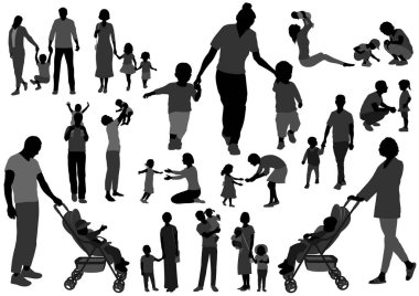 Vektör Aile Silüeti Çizim Kümesi. Beyaz bir arkaplanda izole edilmiş Resimleri Kullanmak Kolaydır.
