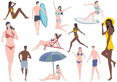 Beyaz bir arka planda izole edilmiş genç kadınlar ve mayo giyen erkekler vektör dairesi çizimi. Beyaz bir arkaplanda görüntüleme setini kullanmak kolay. 