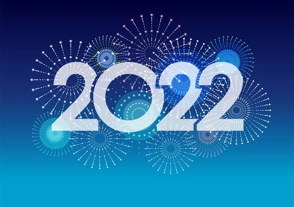 2022 yılı logosu ve mavi arka planda mesaj alanı olan havai fişekler. Yeni Yılı Kutlayan Vektör illüstrasyonu. 