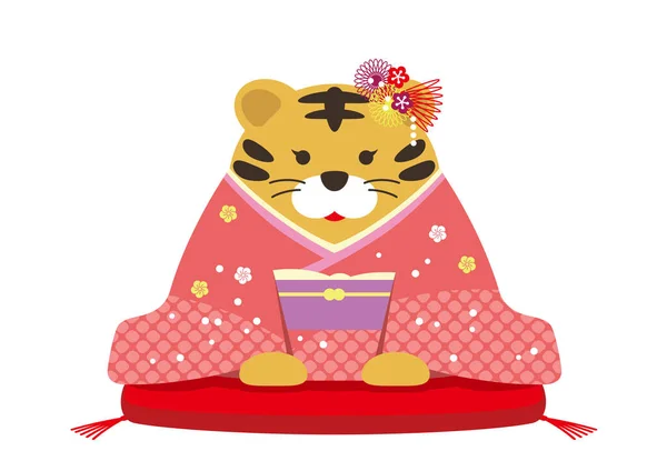 Year Tiger Mascot Illustration Inglés Tigre Personificado Vestido Con Kimono — Vector de stock