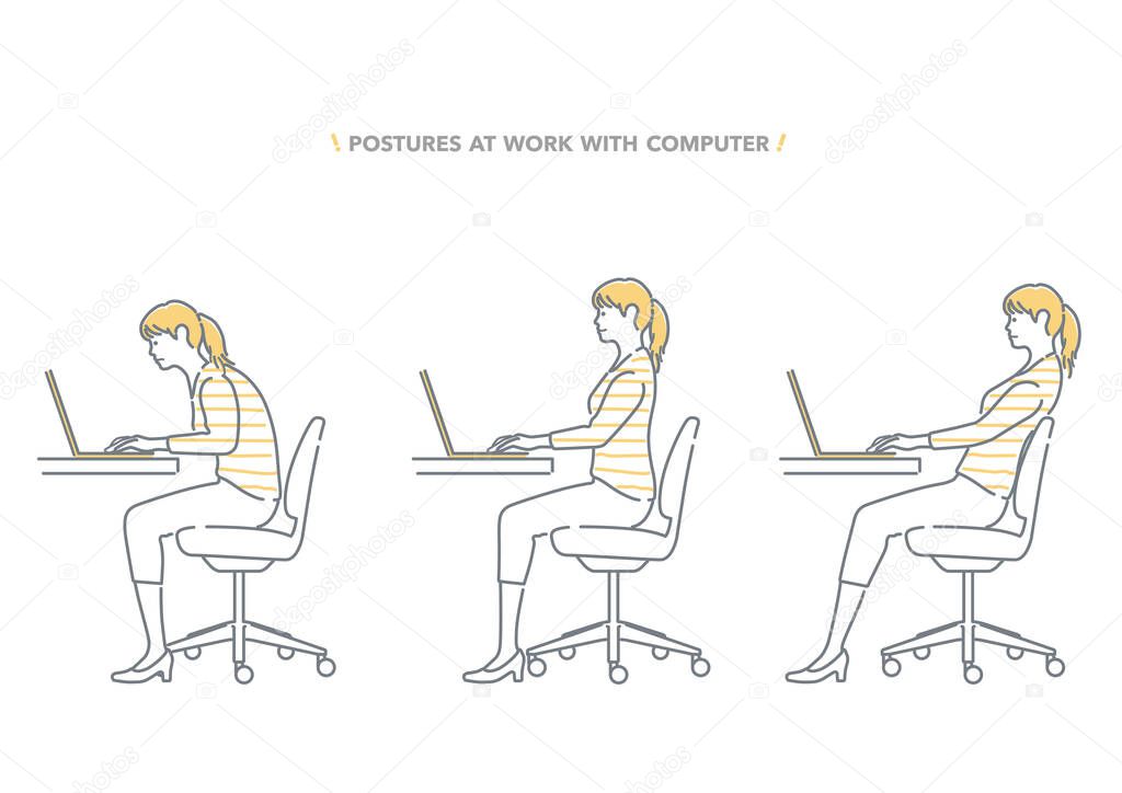 Postures Set Of A Woman Working At A Computer. Easy To Use Vector Flat Illustration Isolated On A White Background.