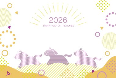 2026, At Yılı, Yeni Yıl Kutlama Şablonu. Beyaz bir arkaplanda karikatür dörtnala giden atlar ve metin alanı.. 