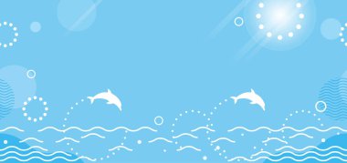 Zıplayan Yunuslarla Kusursuz Mavi Okyanus Arkaplan Çizimi. Yatay Olarak Tekrarlanabilir. 