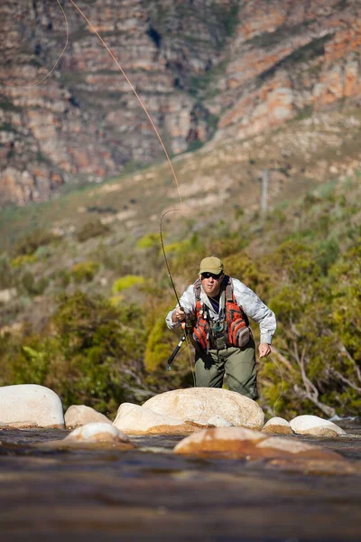 Fly Fisherman Casting Trout Small Freestone Stream Western Cape South — Stock Photo, Image