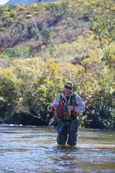 Fly Fisherman Casting Trout Small Freestone Stream Western Cape South — Stock Photo, Image