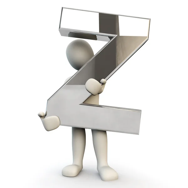 3D ανθρώπινο χαρακτήρα που κατέχουν τα ασημένια αλφάβητο γράμμα Z — Φωτογραφία Αρχείου