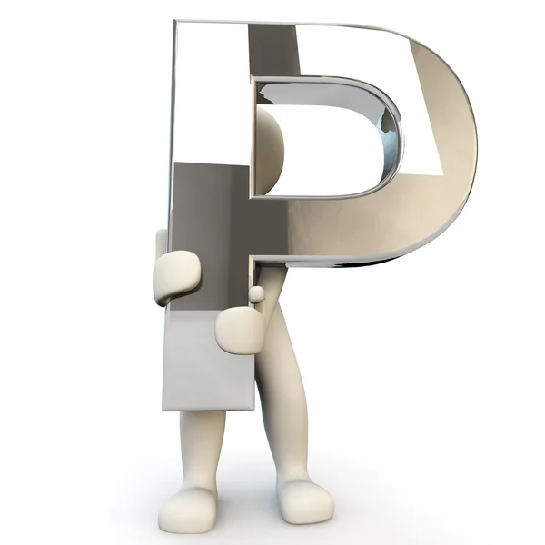 3D Human character holding silver alphabet letter P — Stock Photo, Image